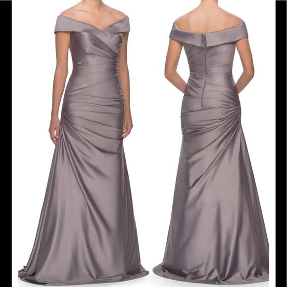 La Femme Platinum Gray Off Shoulder Ruched Satin Trumpet Floor Length Gown Sz8 - Picture 1 of 14